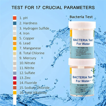 Wassertest Schnelltest auf Schwermetalle, Blei Kupfer, Quecksilber, Eisen, Chlor, Bakterien Stäbchentest 17 Parameter