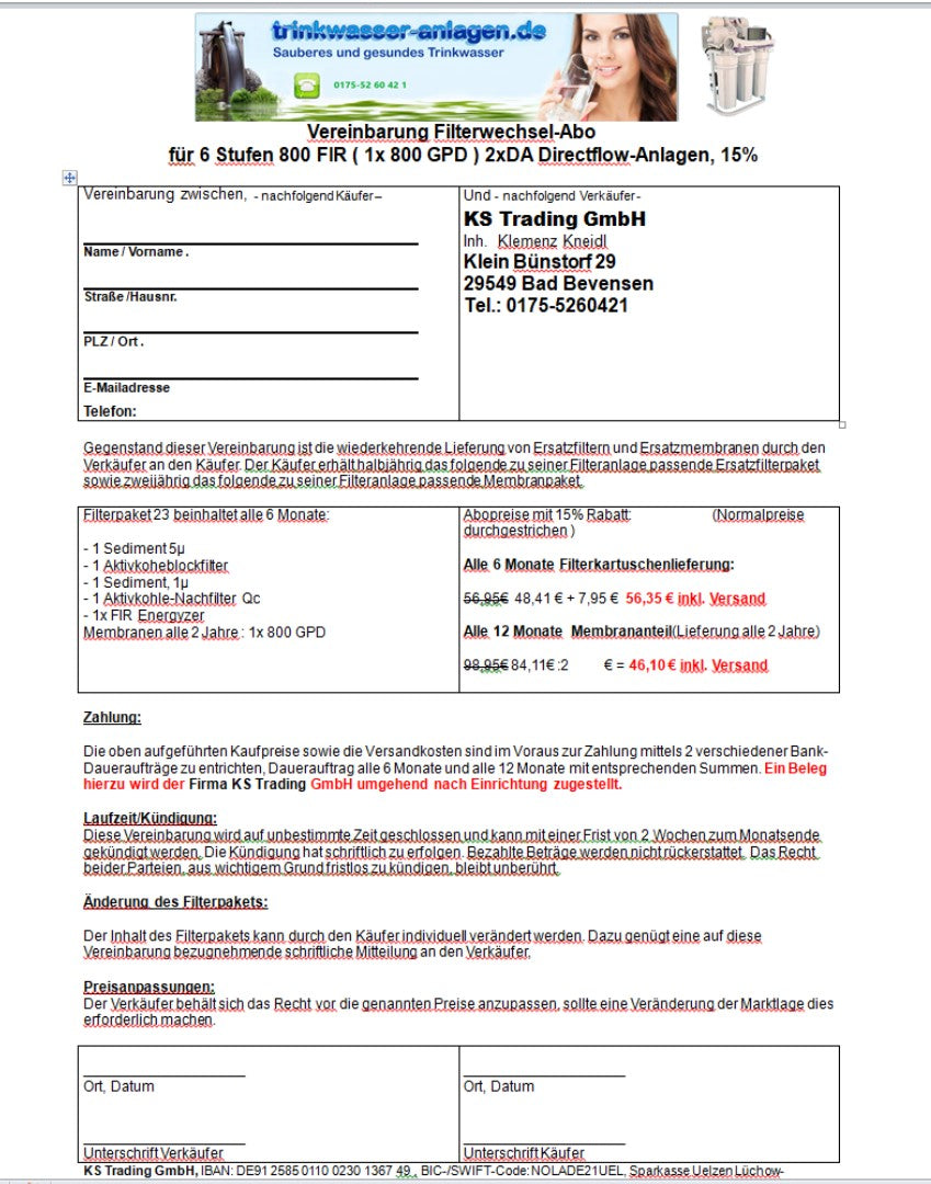 Filterabo 6 Stufen 800 GPD Umkehr Osmose Anlage Trink Wasser Filter mit Energetisierer 15% Rabatt alle 6 Monate